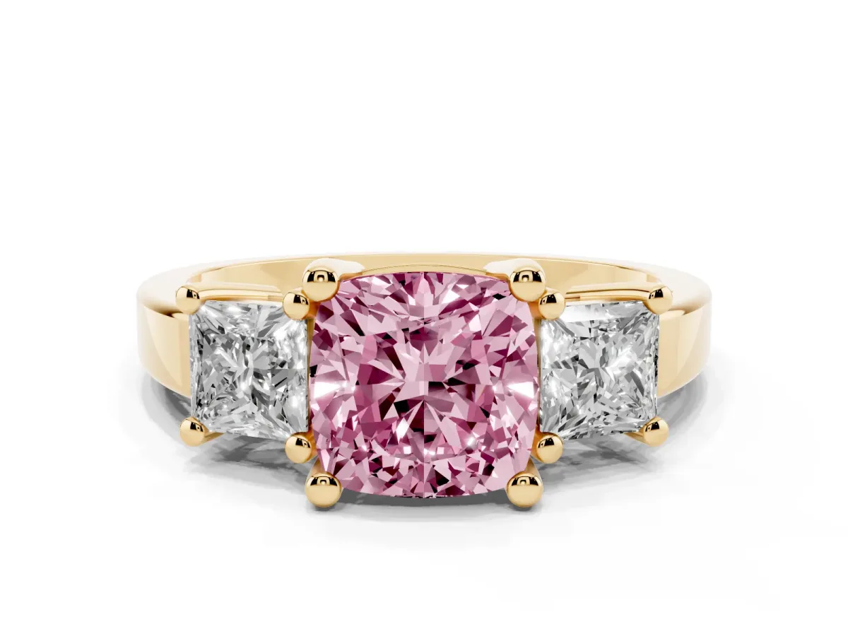 Fancy Pink Three-Stone Cushion Cut Cut Solitaire Ring with Prong Setting Yellow gold