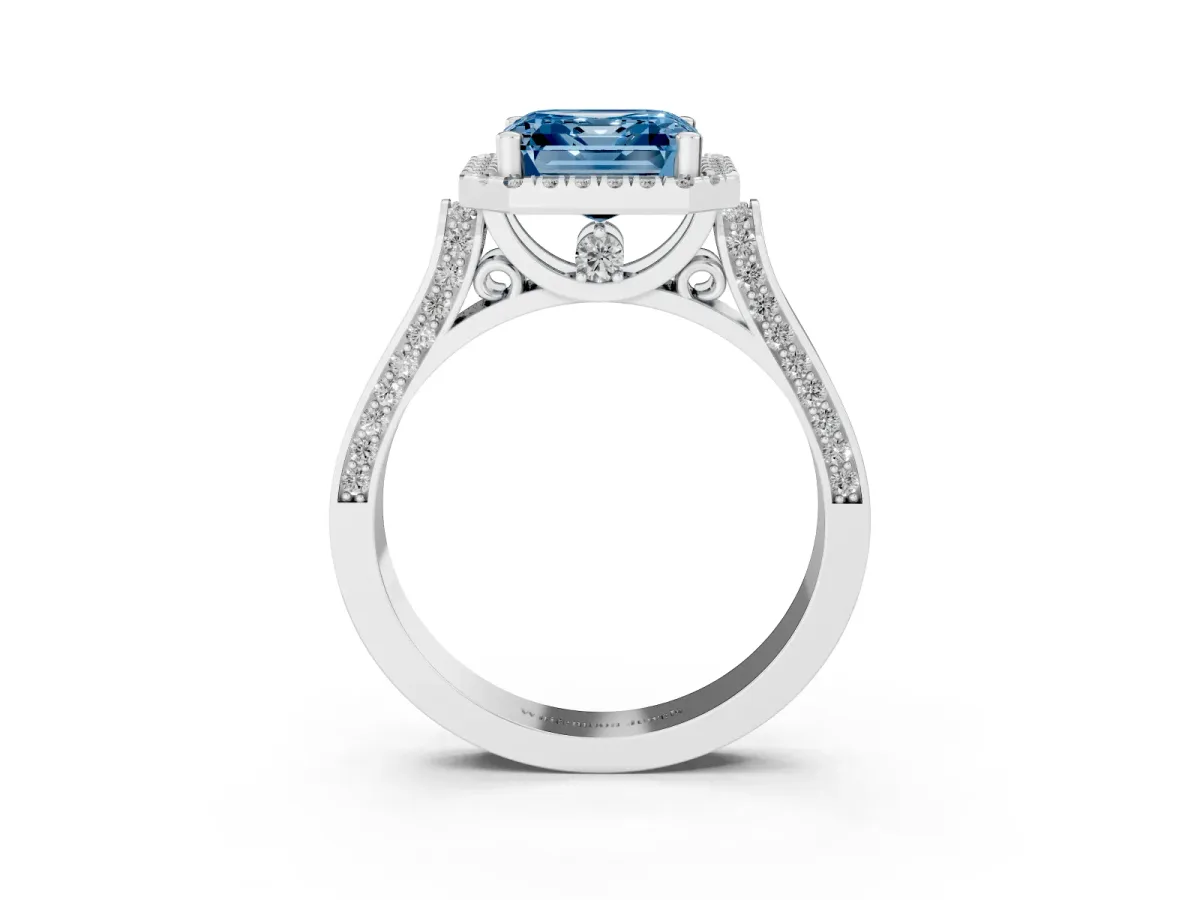 Fancy Blue Asscher Cut Halo Pave Split Shank Prong Setting Ring Silver