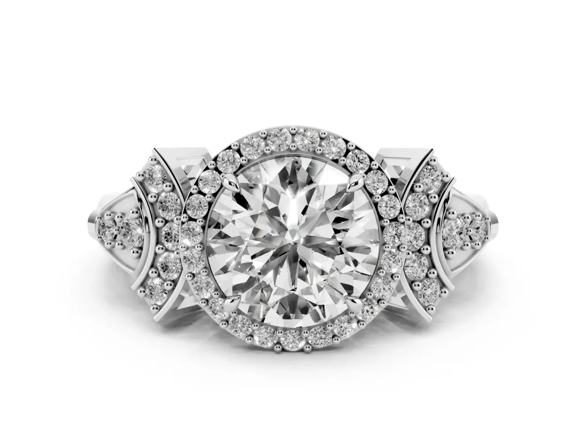Round Cut Halo Diamond Split Shank Engagement Ring with Four-Prong Setting Silver