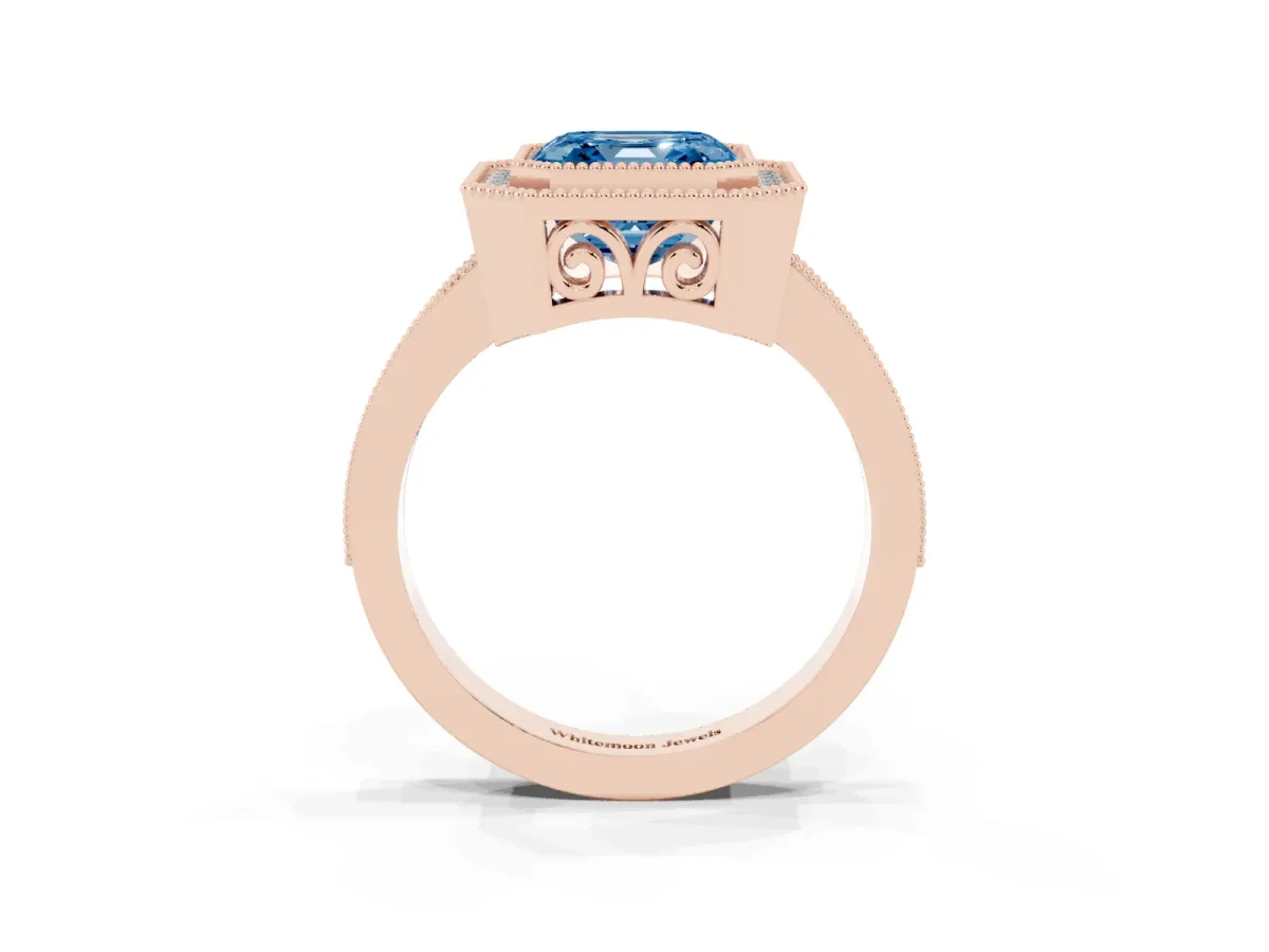 Fancy Blue Asscher Cut Cut Halo Diamond Ring with Pavé Band and Milgrain Prong Setting Rose gold