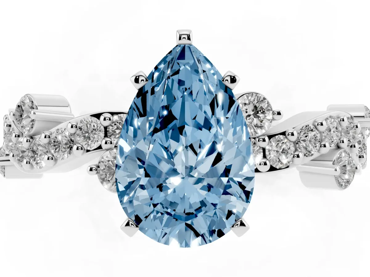 Fancy Blue Pear Cut Cut Solitaire Diamond Twisted Band with Pave Setting Silver