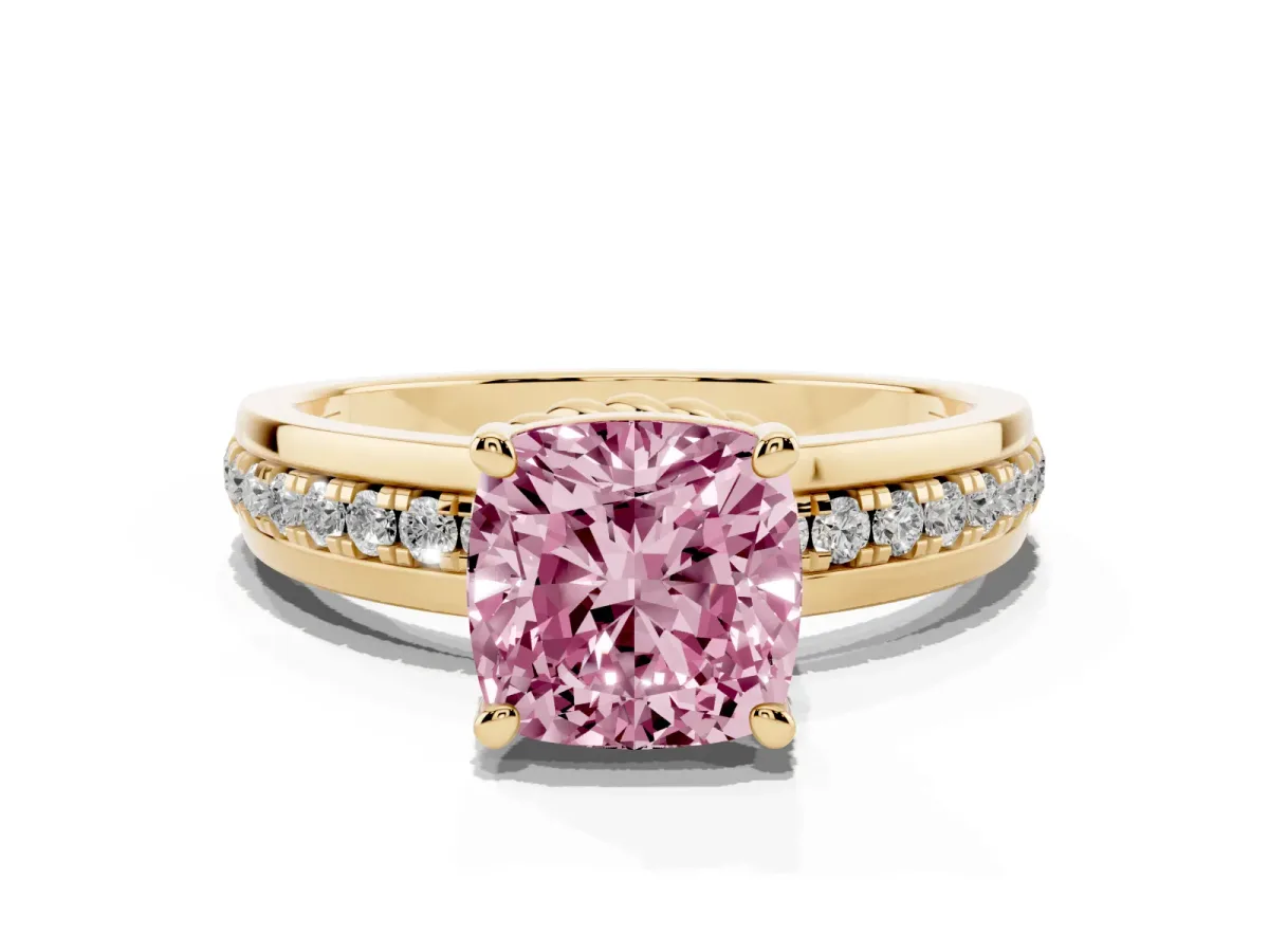 Fancy Pink Cushion Cut Solitaire Diamond Ring with Channel Set Band and Six-Prong Setting Yellow gold