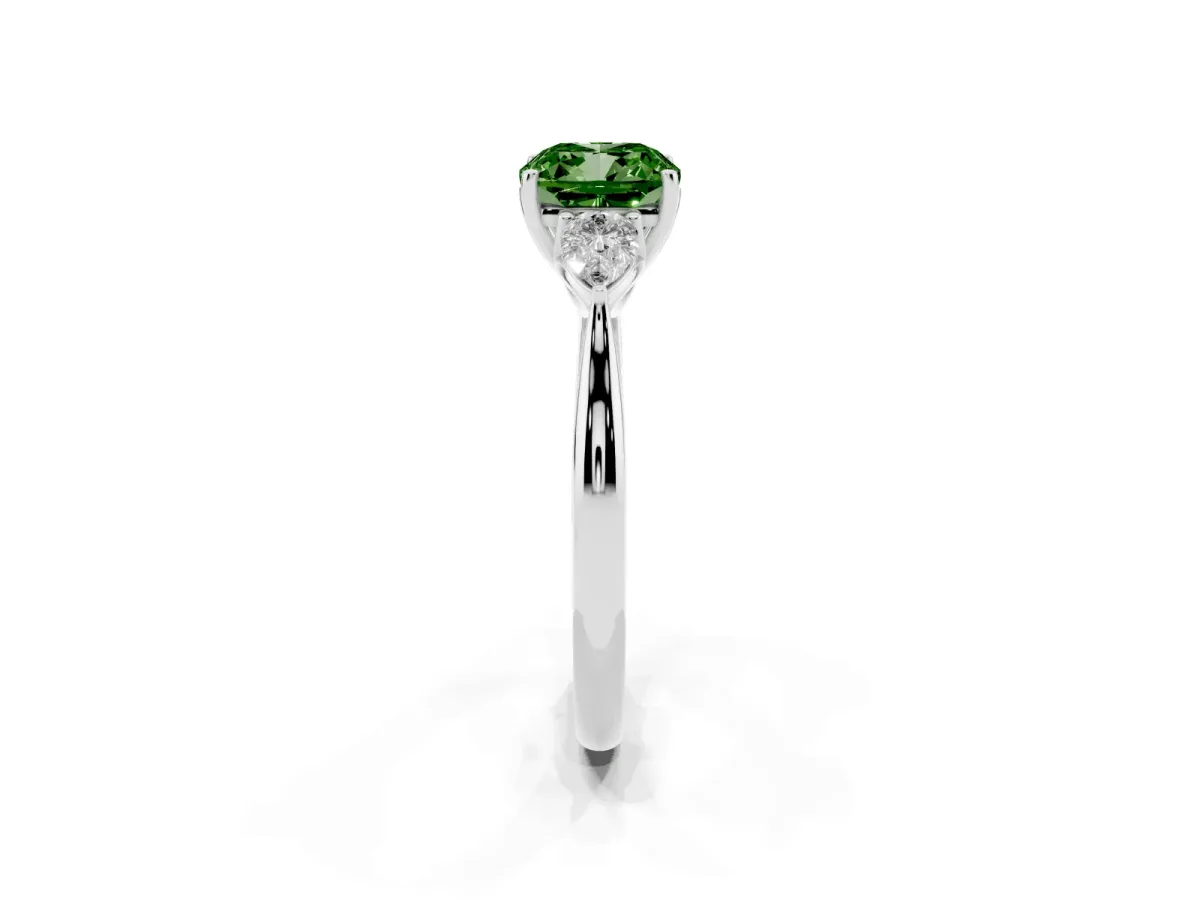 Fancy Green Cushion Cut Diamond Three-Stone Ring with Pear Side Stones and Prong Setting Silver