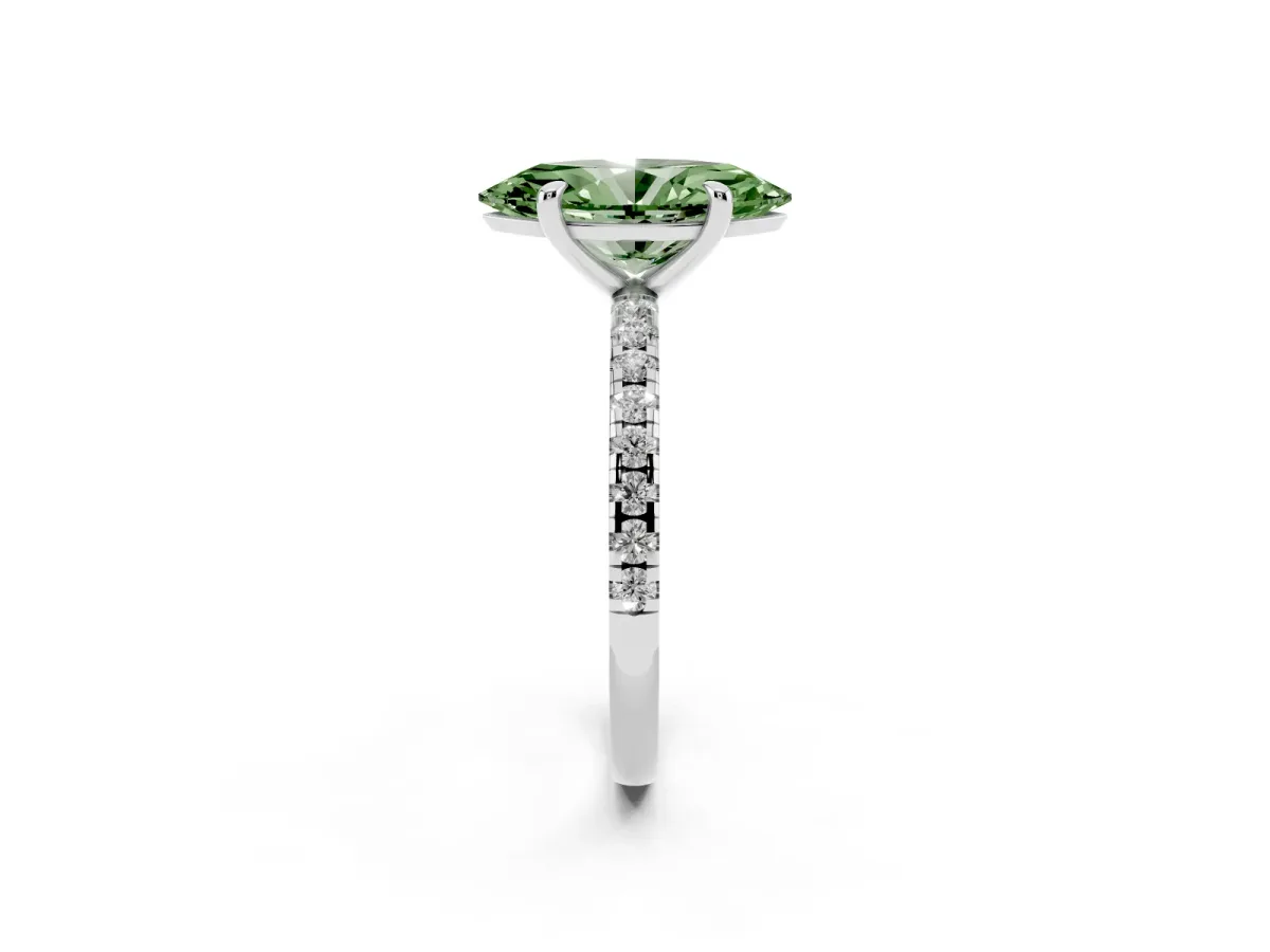 Fancy Green Marquise Cut Diamond Brilliant Solitaire Ring with Pavé Band and Four-Prong Setting White gold