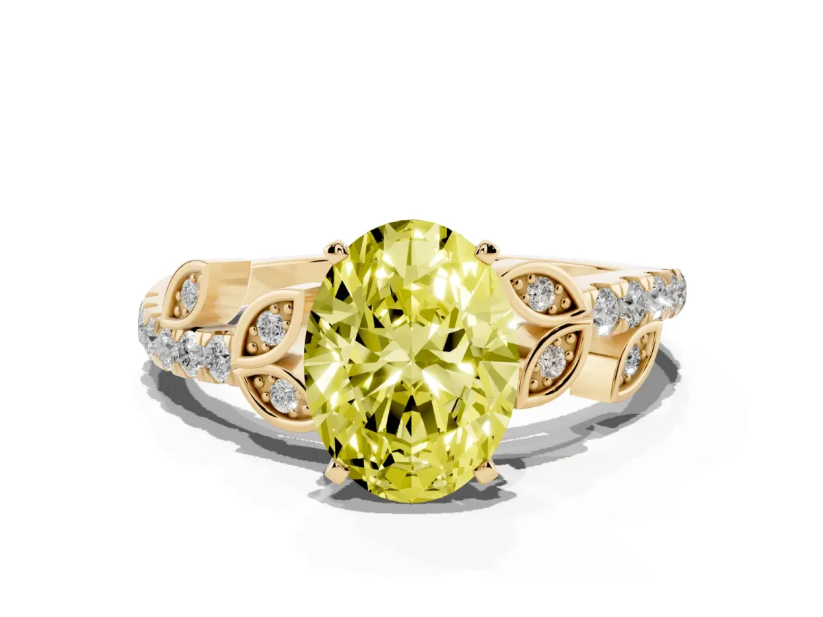 Fancy Yellow Oval Cut Solitaire Leaf-Inspired Diamond Ring with Pavé Band and Four-Prong Setting Yellow gold