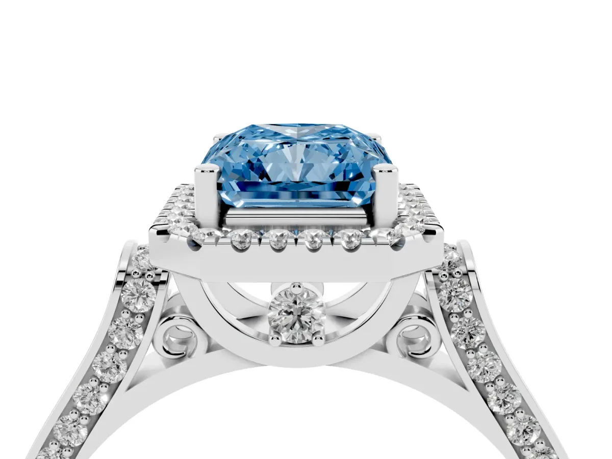 Fancy Blue Radiant Cut Halo Round Diamond Twist Band with Four-Prong Setting White gold