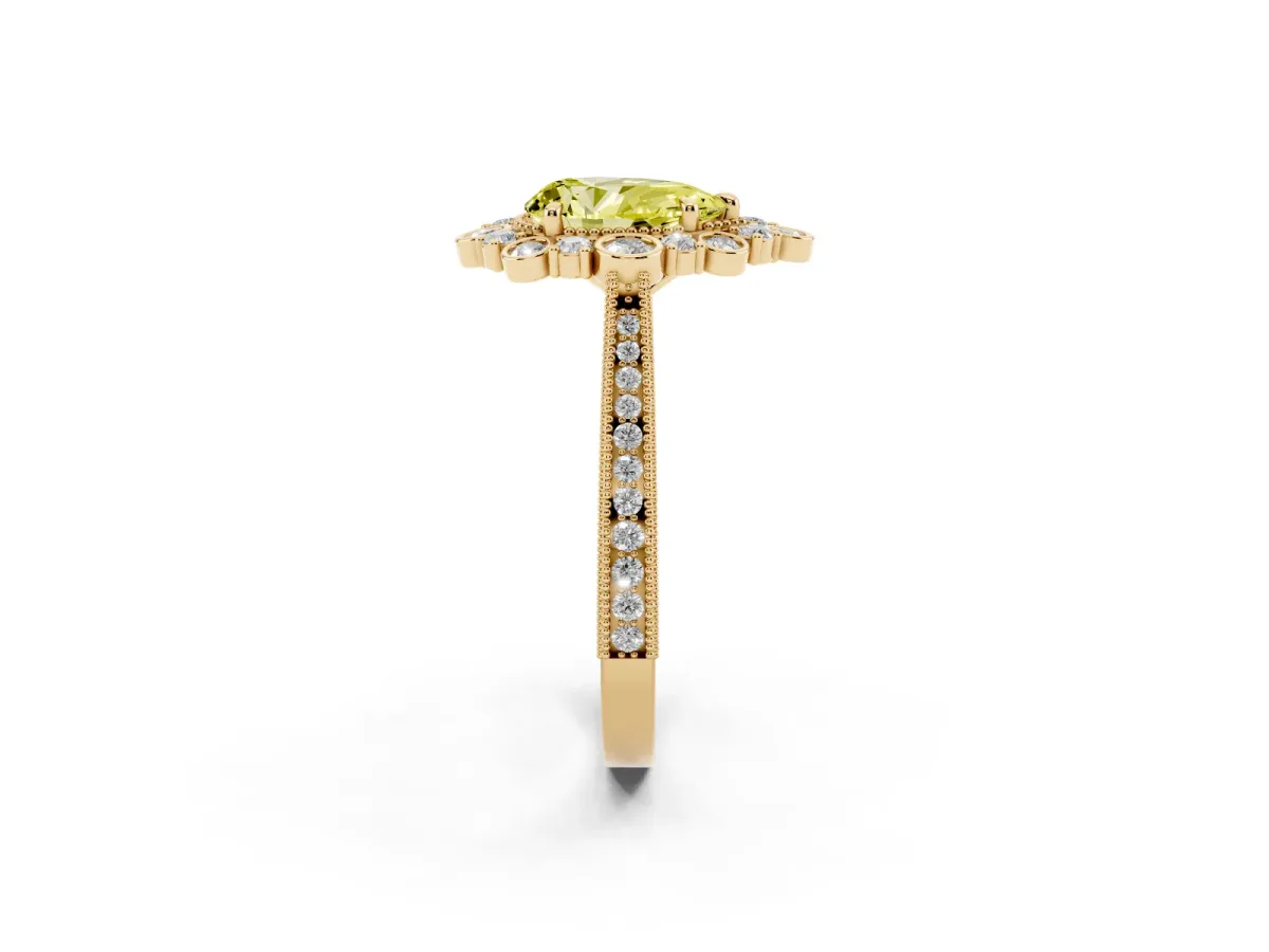 Fancy Yellow Pear Cut Halo Milgrain Pave Diamond Ring with Four-Prong Setting Yellow gold