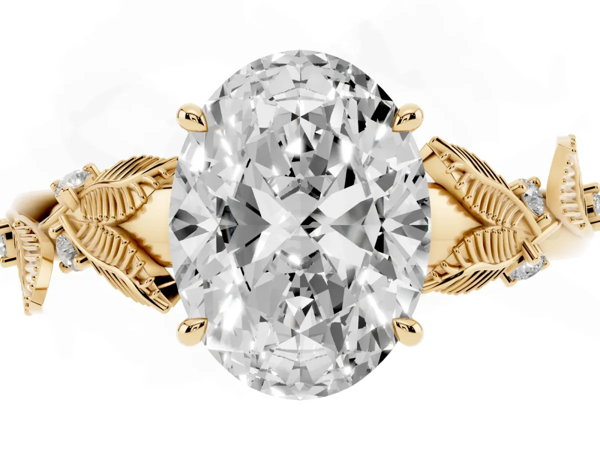 Oval Cut Diamond Solitaire Ring with Leaf Motif Band and Four-Prong Setting Yellow gold
