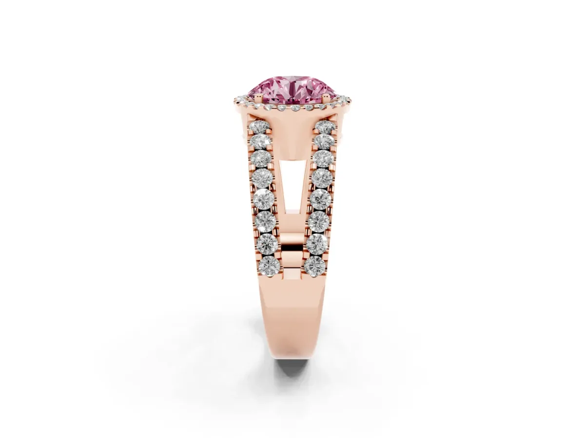 Fancy Pink Round Cut Cut Halo Split Shank Diamond Ring with Four-Prong Setting Rose gold