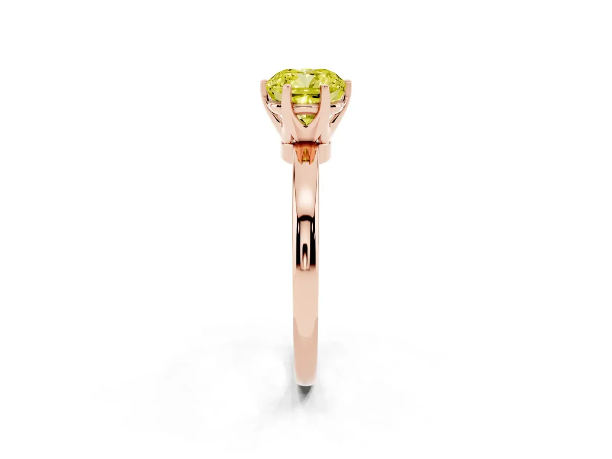 Fancy Yellow Cushion Cut Solitaire Diamond Ring with Six-Prong Setting on a Classic Band Rose gold