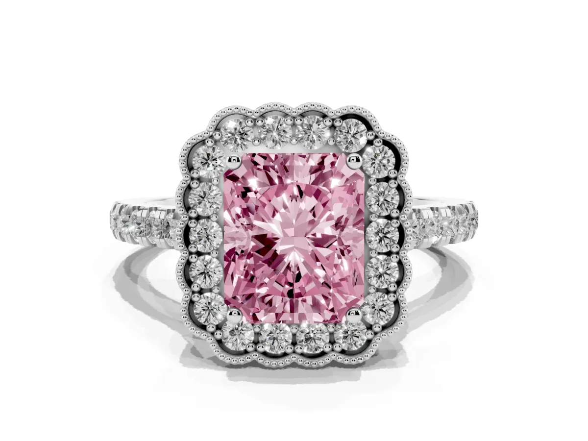 Fancy Pink Radiant Cut Cut Diamond Milgrain Floral Halo Engagement Ring with Pavé Band White gold