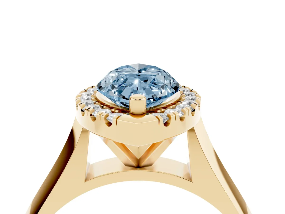 Fancy Blue Marquise Cut Cut Halo Solitaire Engagement Ring with Square Band and Four-Prong Setting Yellow gold
