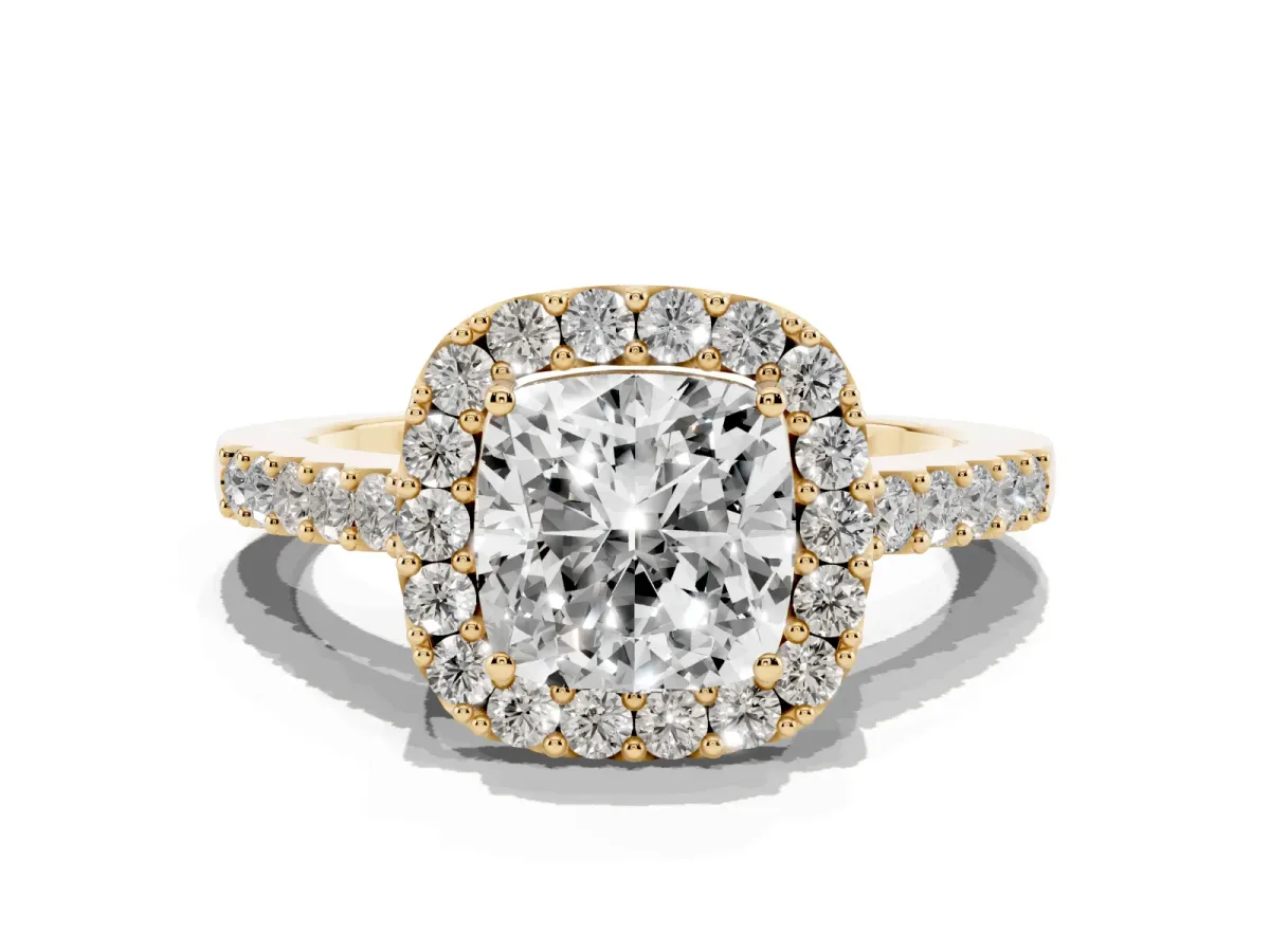 Cushion Cut Halo Diamond Pavé Solitaire Ring Yellow gold