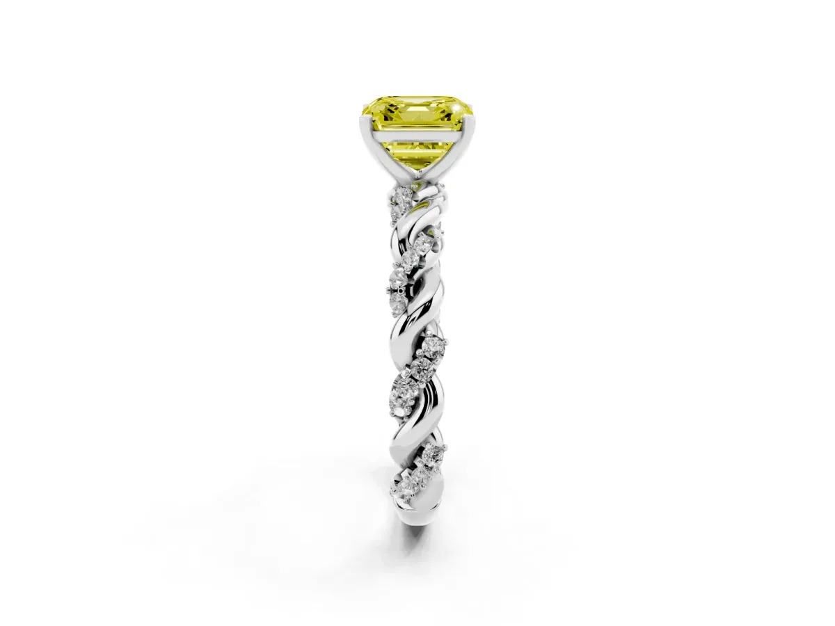 Fancy Yellow Asscher Cut Diamond Solitaire Ring with Twisted Band and Pavé Accents Platinum