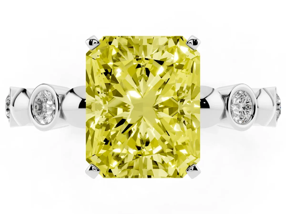 Fancy Yellow Radiant Cut Solitaire Bezel-Set Diamond Ring with Beaded Band and Four-Prong Setting Silver