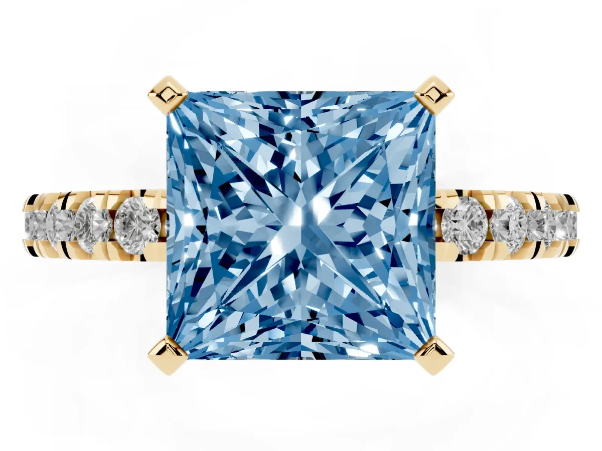 Fancy Blue Princess Cut Diamond Pavé Band Solitaire with Four-Prong Setting Yellow gold