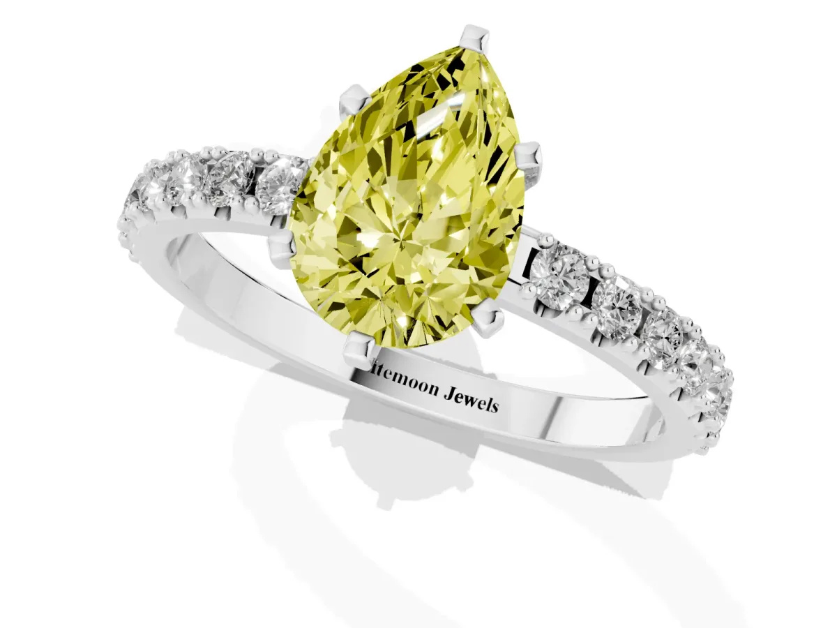 Fancy Yellow Pear Cut Diamond Solitaire Pavé Band with Four-Prong Setting Platinum