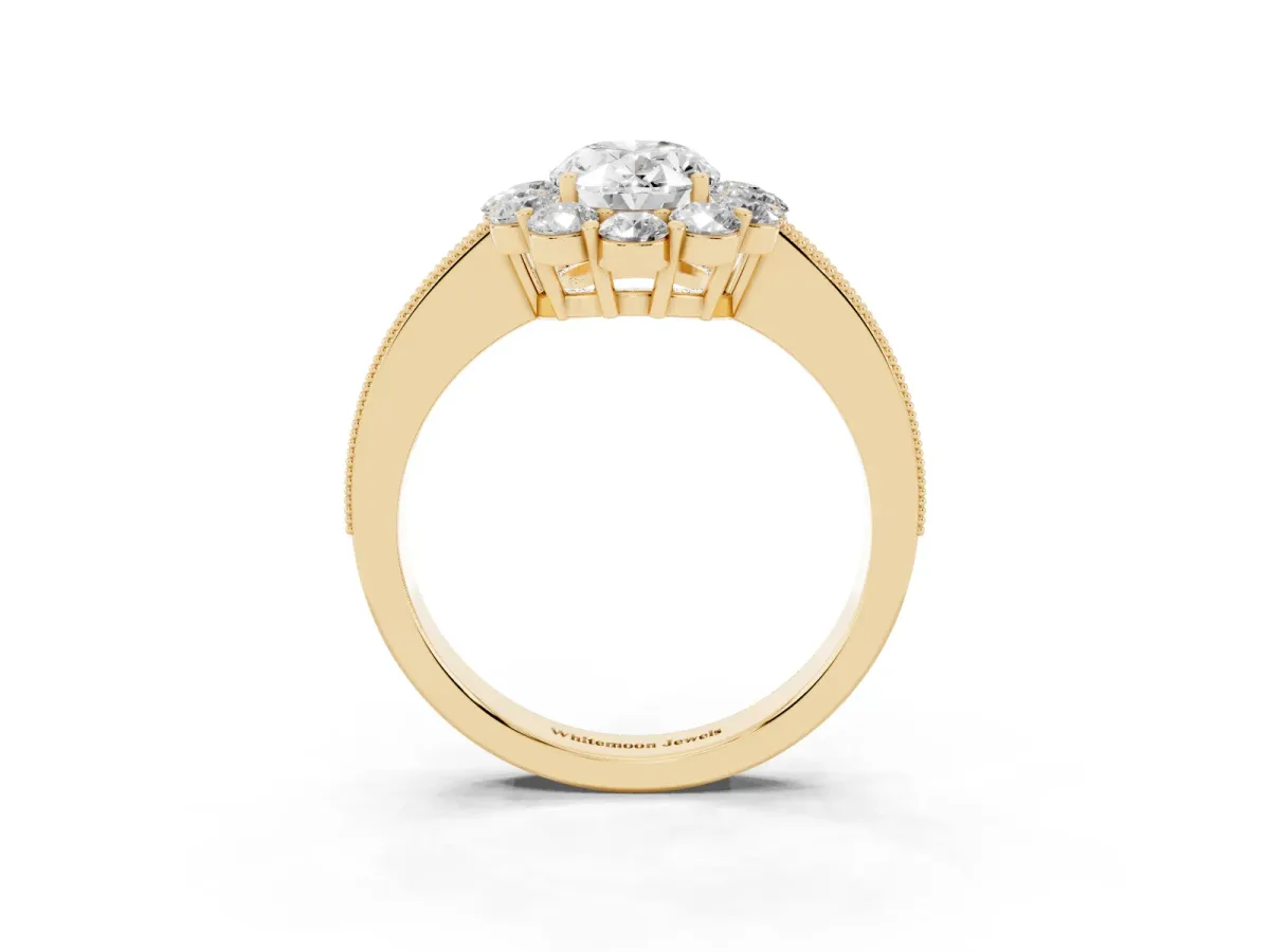 Oval Cut Cut Halo Diamond Pavé Engagement Ring with Milgrain Detailing Yellow gold