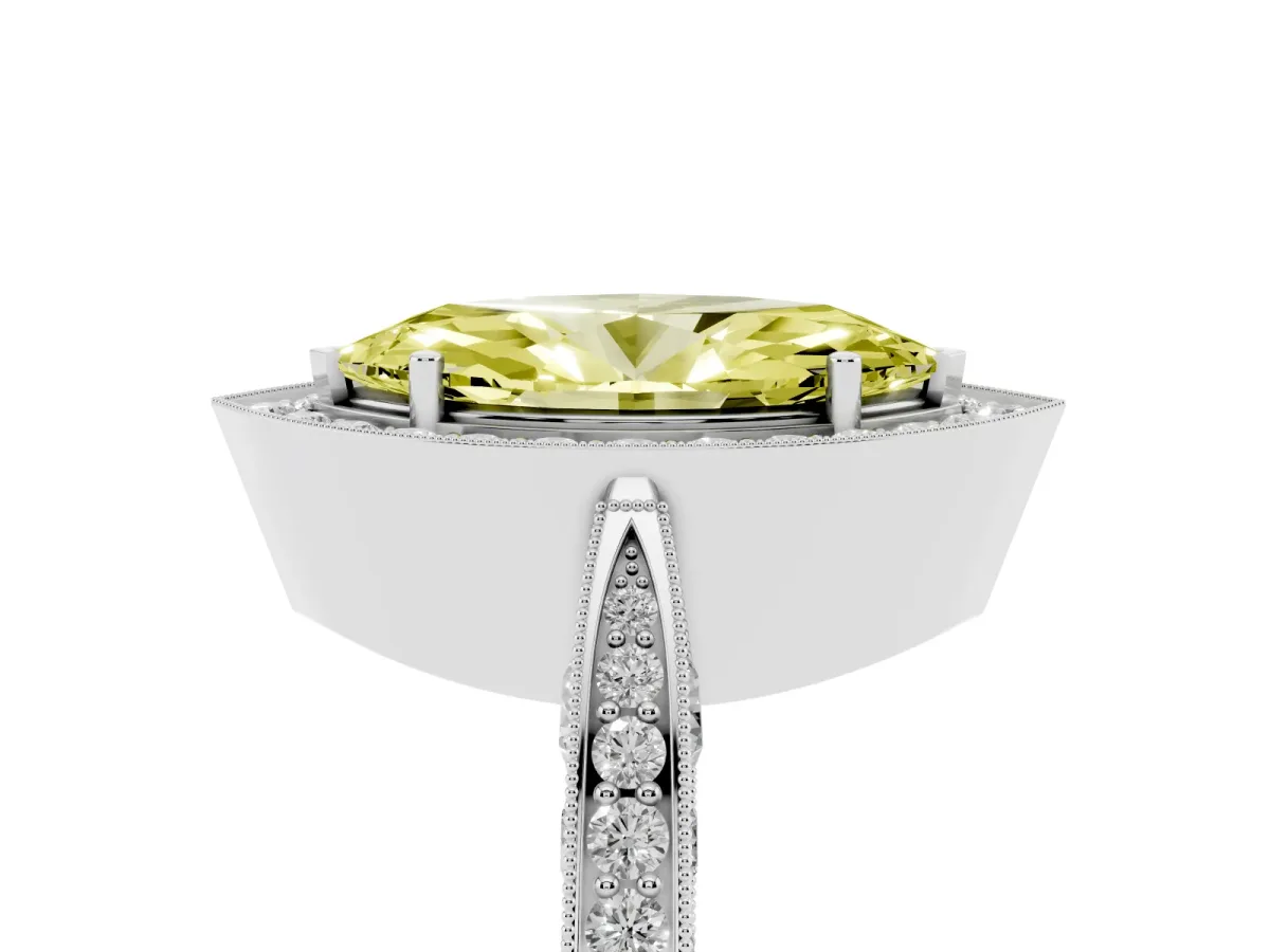 Fancy Yellow Marquise Cut Halo Diamond Engagement Ring with Split Shank Band and Four-Prong Setting Platinum