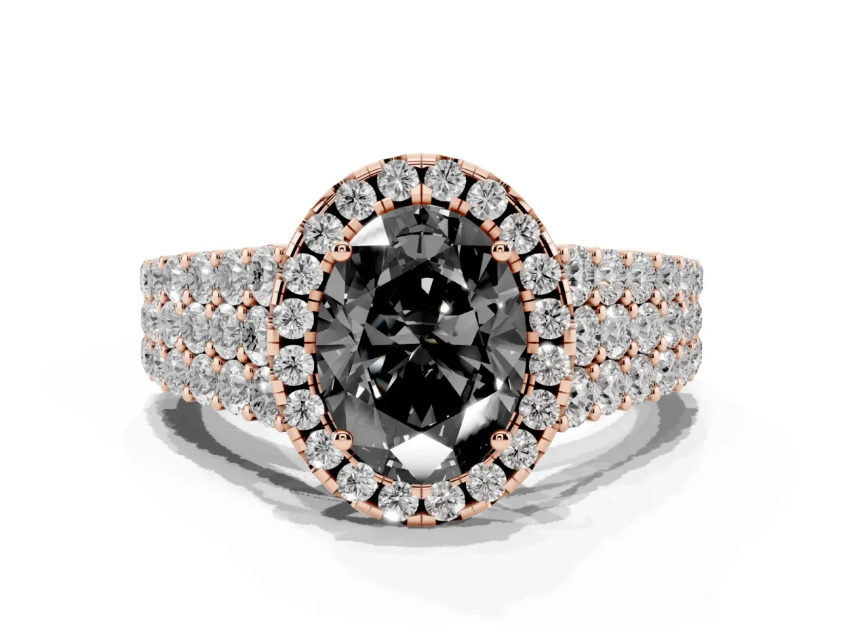 Fancy Black Oval Cut Diamond Halo Engagement Ring with Triple Row Round Pavé Band and Prong Setting Rose gold