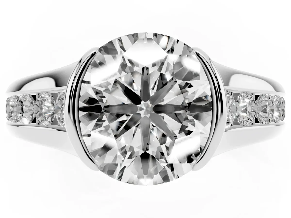 Round Cut Solitaire Bezel-Set Diamond Ring with Channel-Set Band Platinum