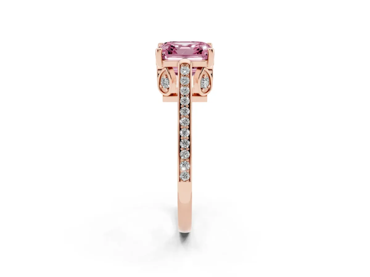Fancy Pink Asscher Cut Cut Cathedral Pave Diamond Engagement Ring with Six-Prong Setting Rose gold