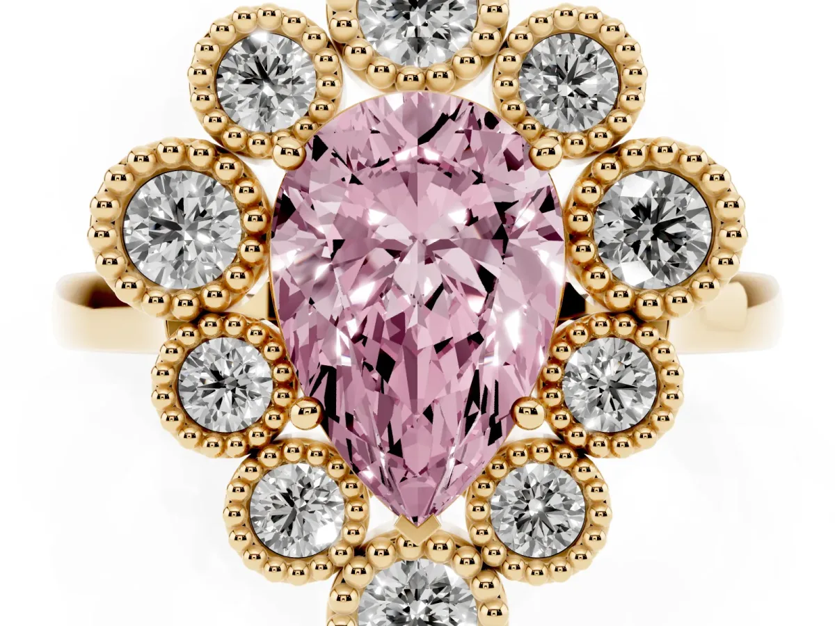 Fancy Pink Pear Cut Halo Diamond Cluster Engagement Ring with Milgrain Bezel Setting and Solitaire Band Yellow gold