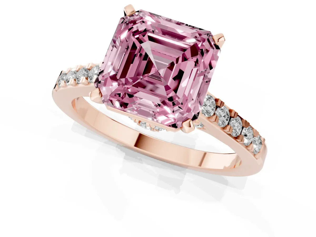 Fancy Pink Asscher Cut Diamond Solitaire Ring with Crossover Gallery and Round Pavé Band Rose gold