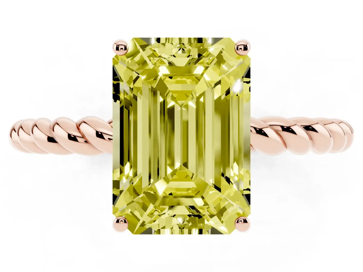 Fancy Yellow Emerald Cut Solitaire Twisted Band 4-Prong Ring Rose gold