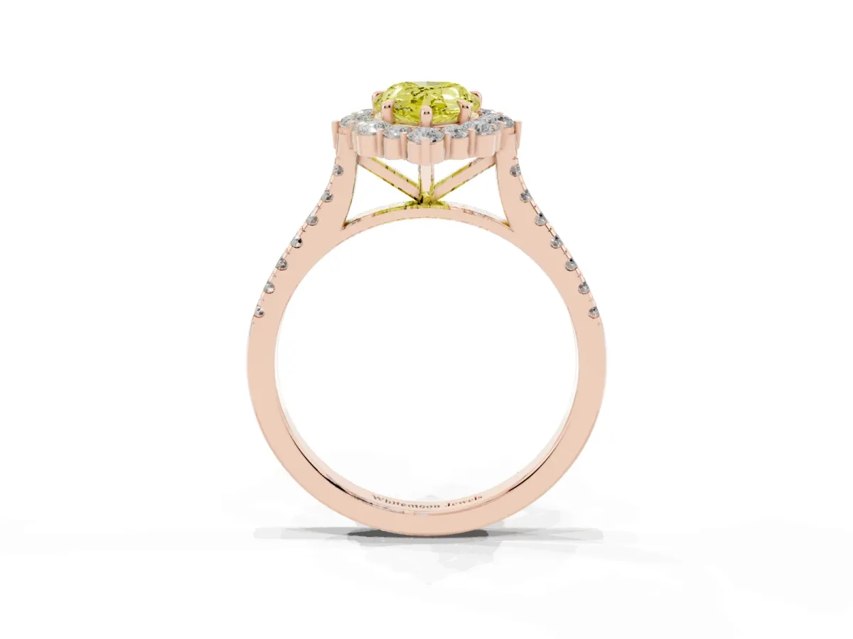Fancy Yellow Pear Cut Halo Diamond Ring with Pavé Band and Prong Setting Rose gold