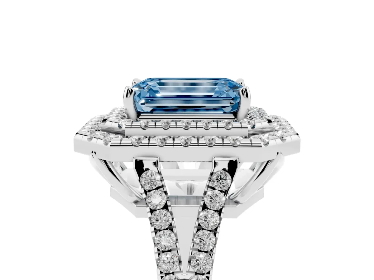 Fancy Blue Emerald Cut Diamond Double Halo Ring with Pavé Band and Prong Setting Silver