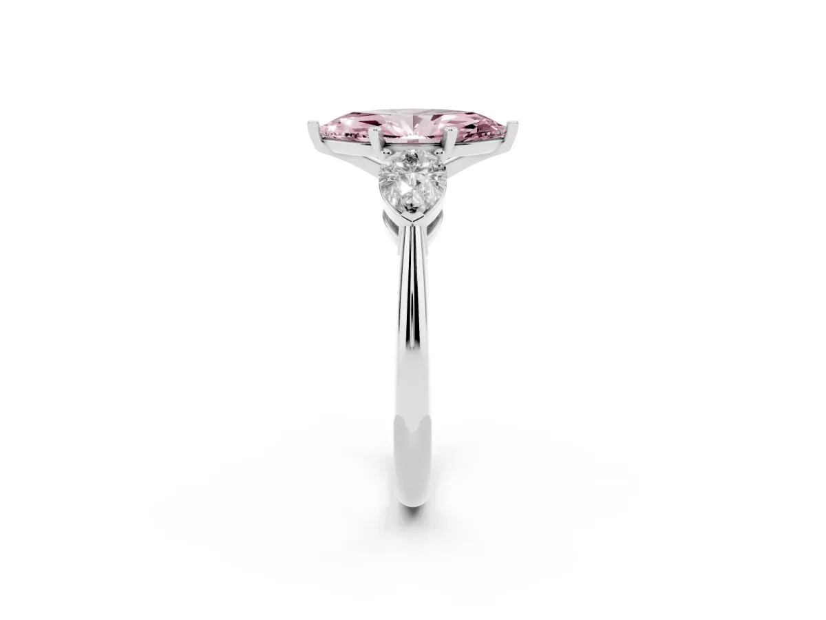 Fancy Pink Three-Stone Marquise Cut Diamond Ring with Pear Side Stones and Four-Prong Setting Silver