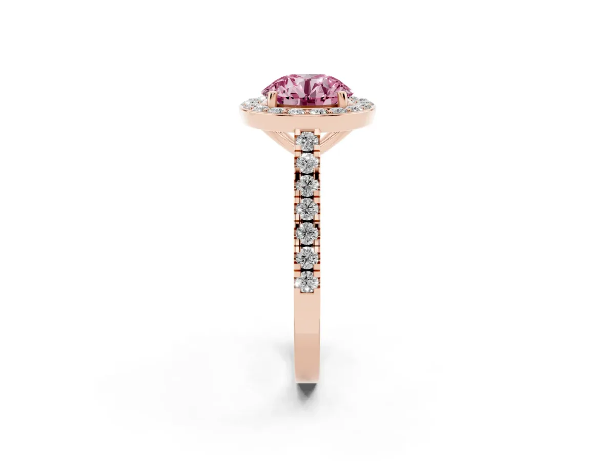 Fancy Pink Round Cut Diamond Halo Ring with Round Pavé Split Shank and Prong Setting Rose gold