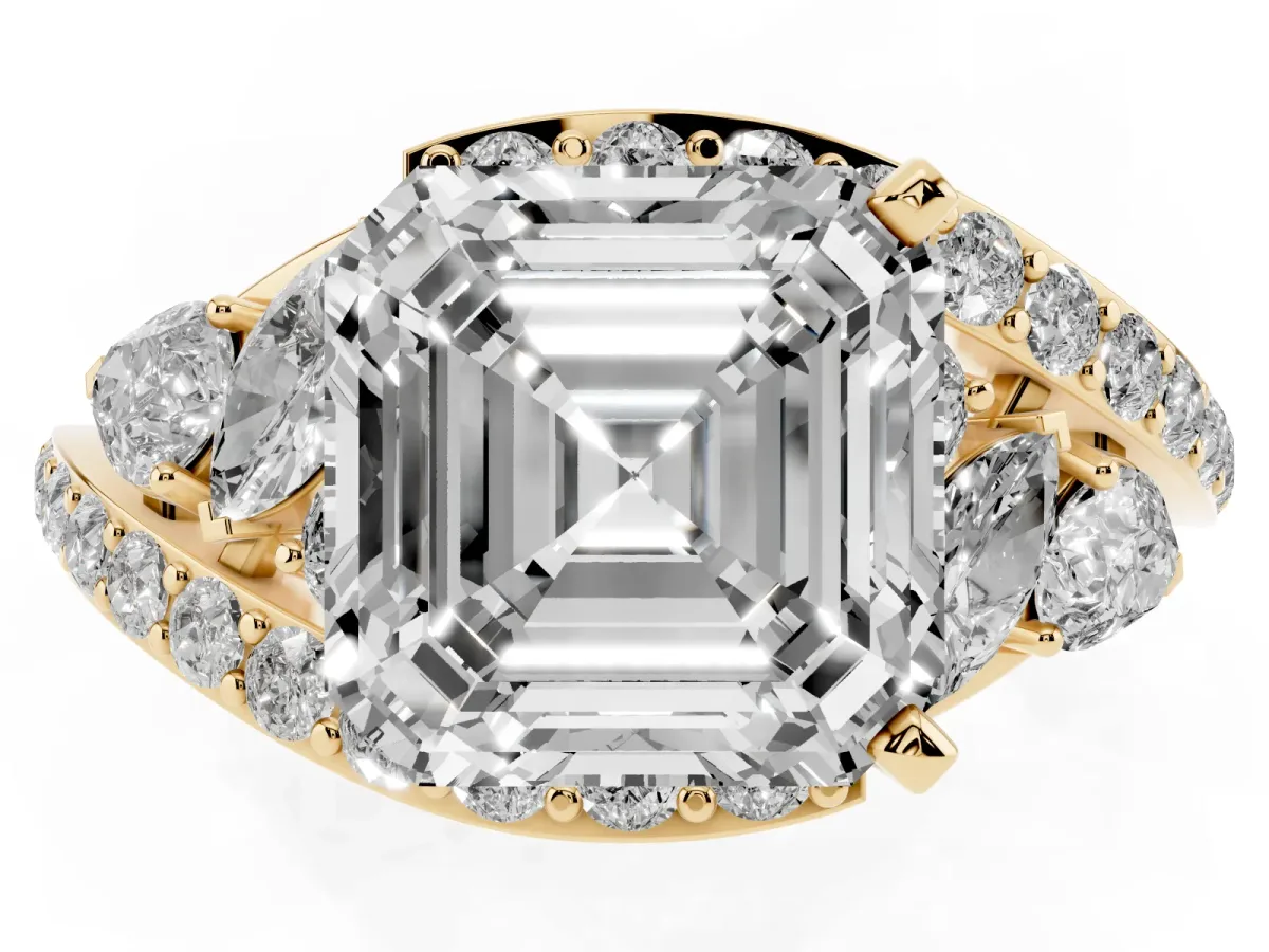 Asscher Cut Diamond Halo Ring with Marquise and Pavé Band in Prong Setting Yellow gold