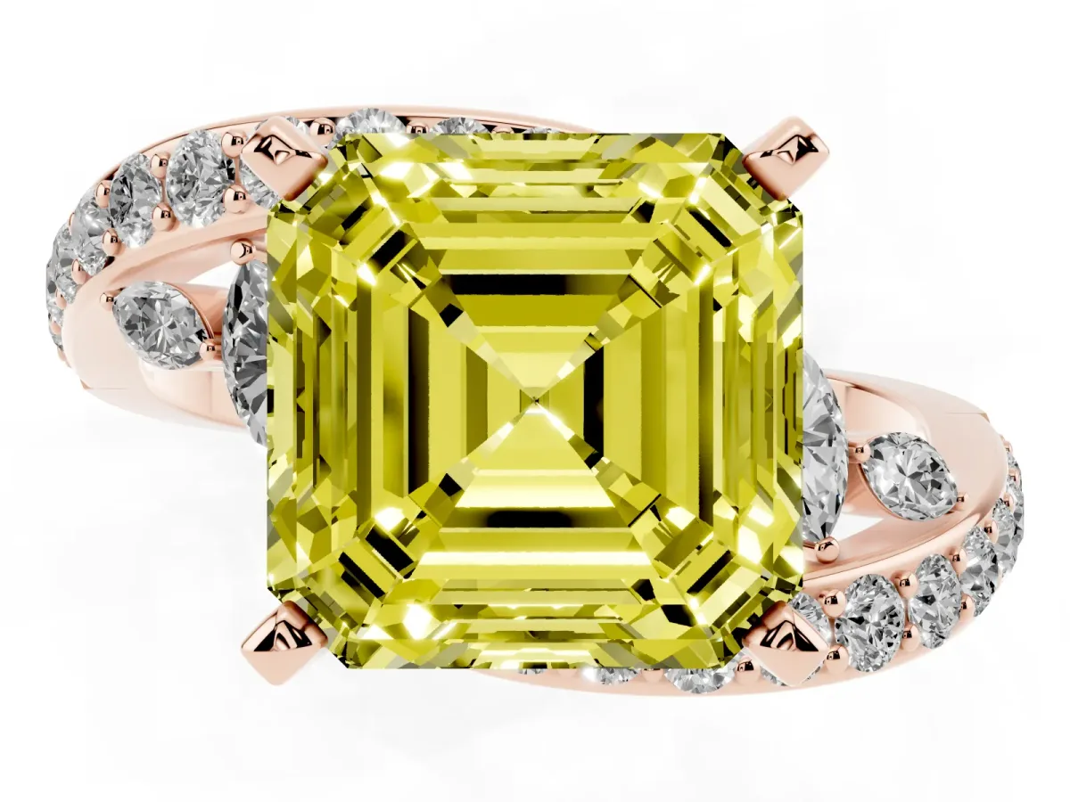 Fancy Yellow Asscher Cut Solitaire with Pavé Twist Band and Four-Prong Setting Rose gold