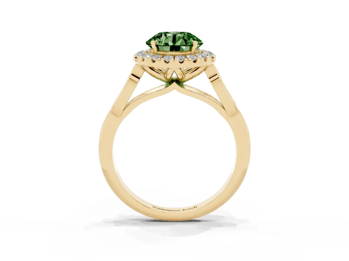 Fancy Green Round Cut Halo Diamond Engagement Ring with Filigree Band and Four-Prong Setting Yellow gold