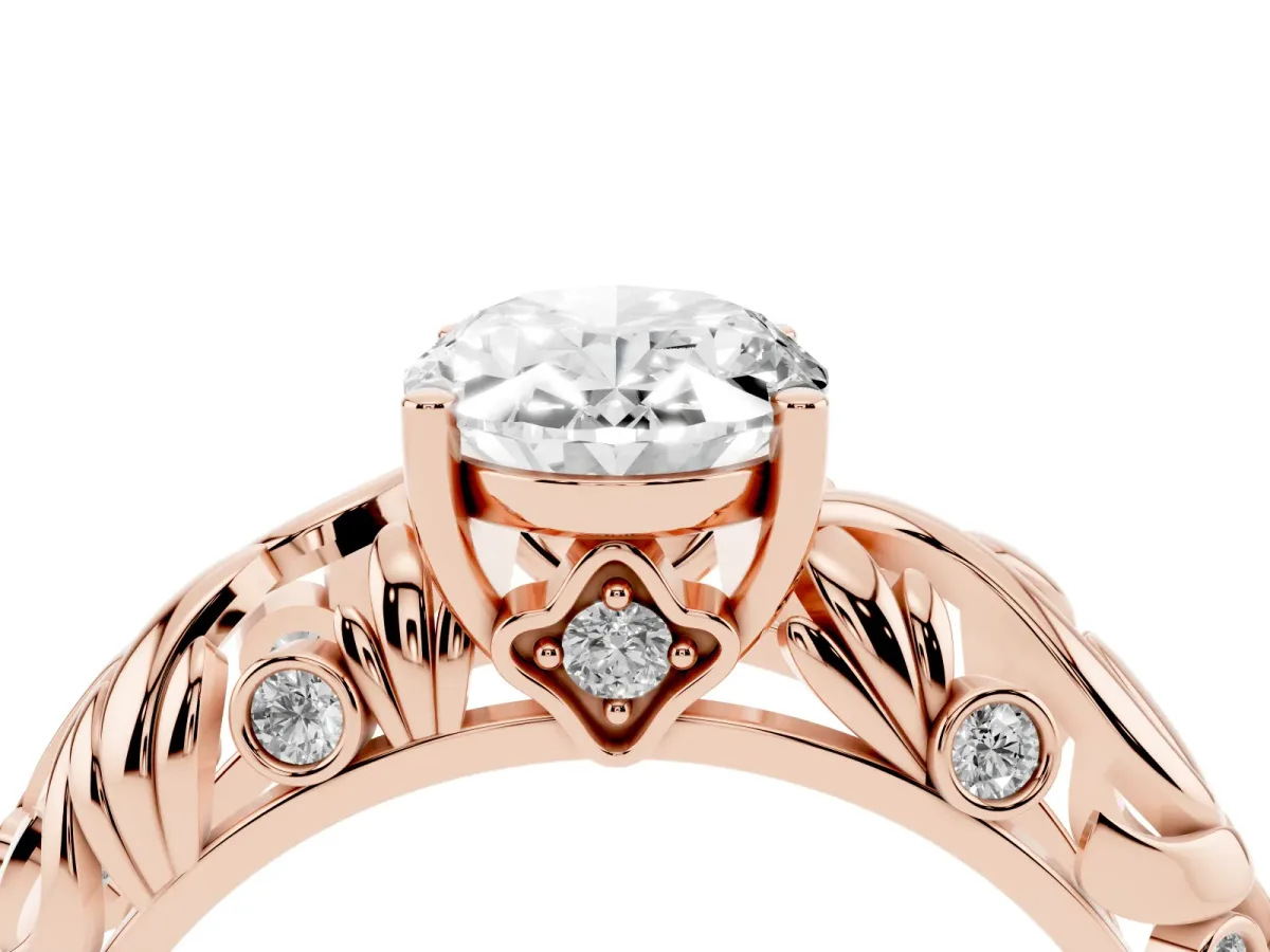 Oval Cut Solitaire Diamond Leaf-Inspired Vine Band Ring with Prong Setting Rose gold