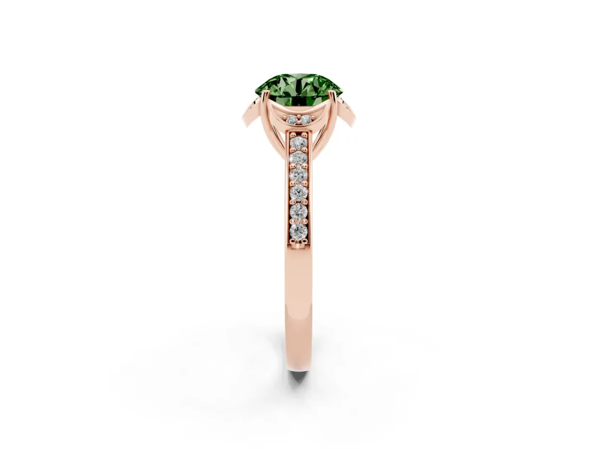 Fancy Green Round Cut Cut Halo Diamond Ring with Channel Set Band and Four-Prong Setting Rose gold