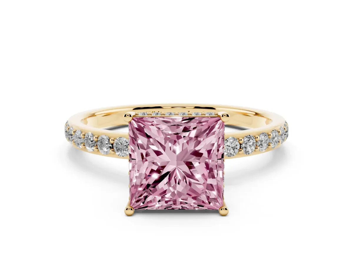Fancy Pink Princess Cut Diamond Solitaire Ring with Pavé Band and Hidden Halo Yellow gold