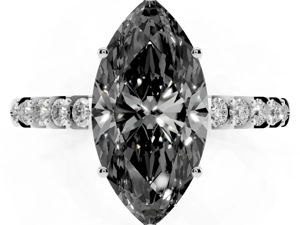 Fancy Black Marquise Cut Solitaire Diamond Engagement Ring with Pavé Band and Six-Prong Setting Silver