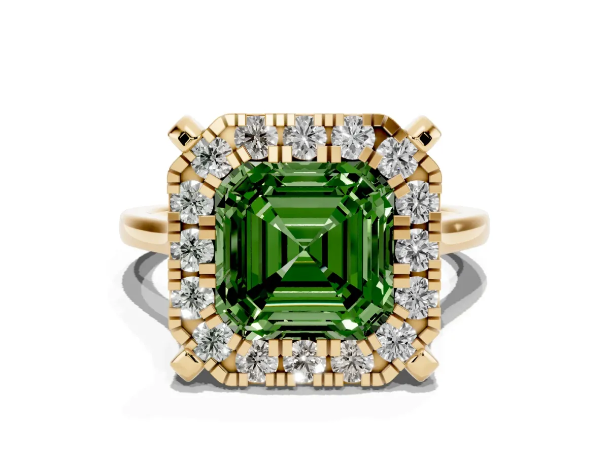 Fancy Green Asscher Cut Diamond Cluster Halo Solitaire with Four-Prong Setting Yellow gold