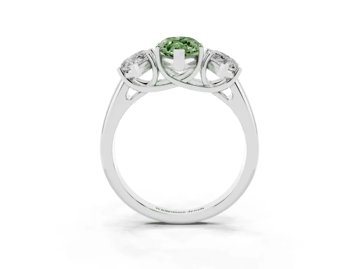 Fancy Green Three-Stone Marquise Cut Diamond Engagement Ring with Prong Setting Silver