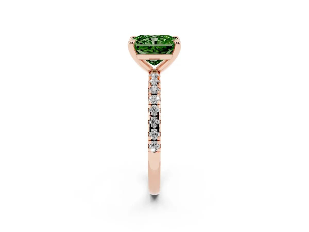 Fancy Green Radiant Cut Diamond Brilliant Solitaire Ring with Pavé Band and Four-Prong Setting Rose gold