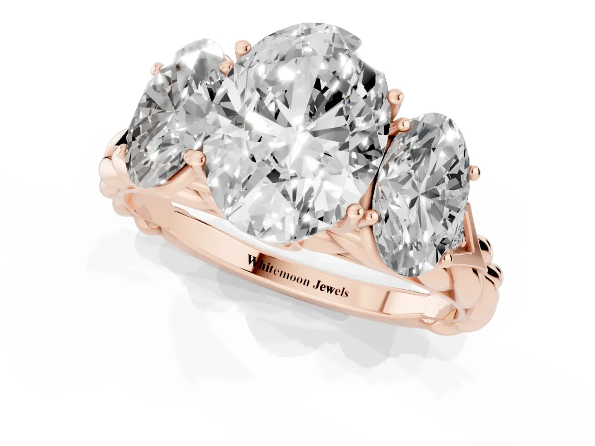 Three-Stone Oval Cut Diamond Braided Band Ring with Four-Prong Setting Rose gold