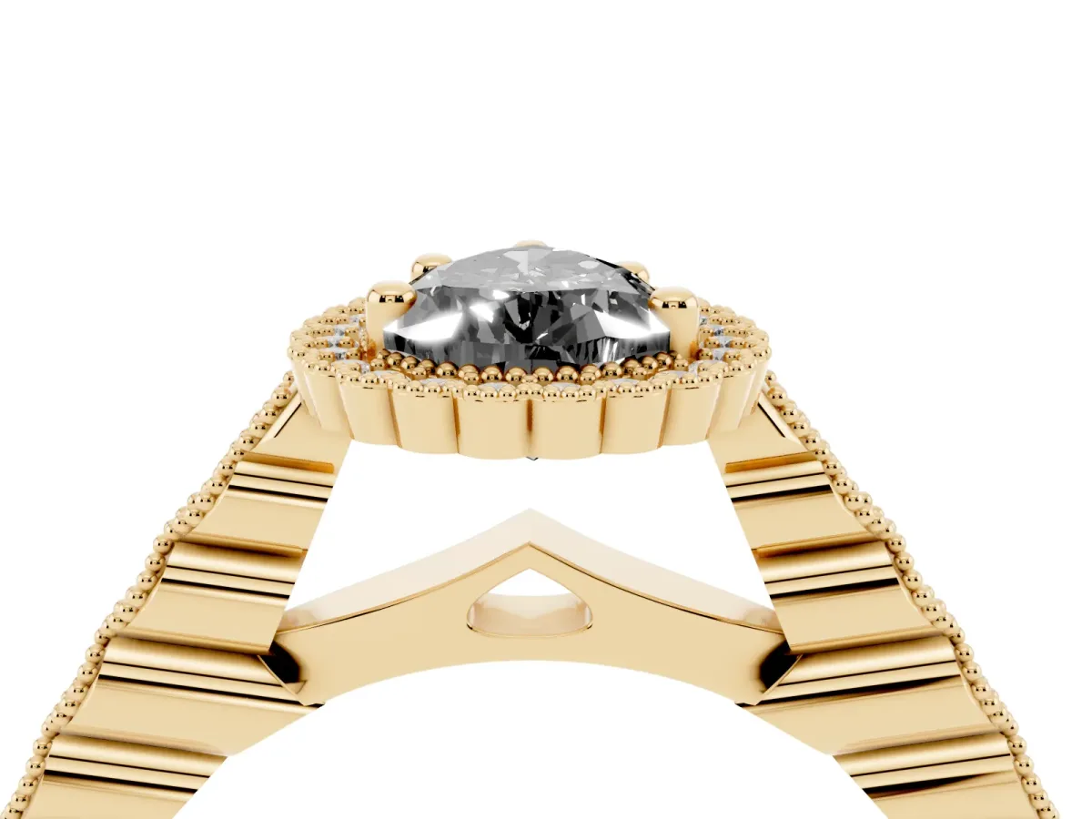 Fancy Black Pear Cut Cut Halo Pavé Solitaire Ring with Milgrain Band Yellow gold