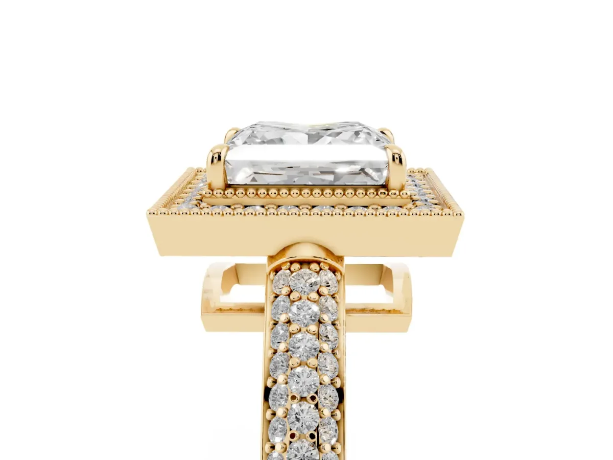 Princess Cut Cut Halo Diamond Pave Band with Four-Prong Setting Yellow gold