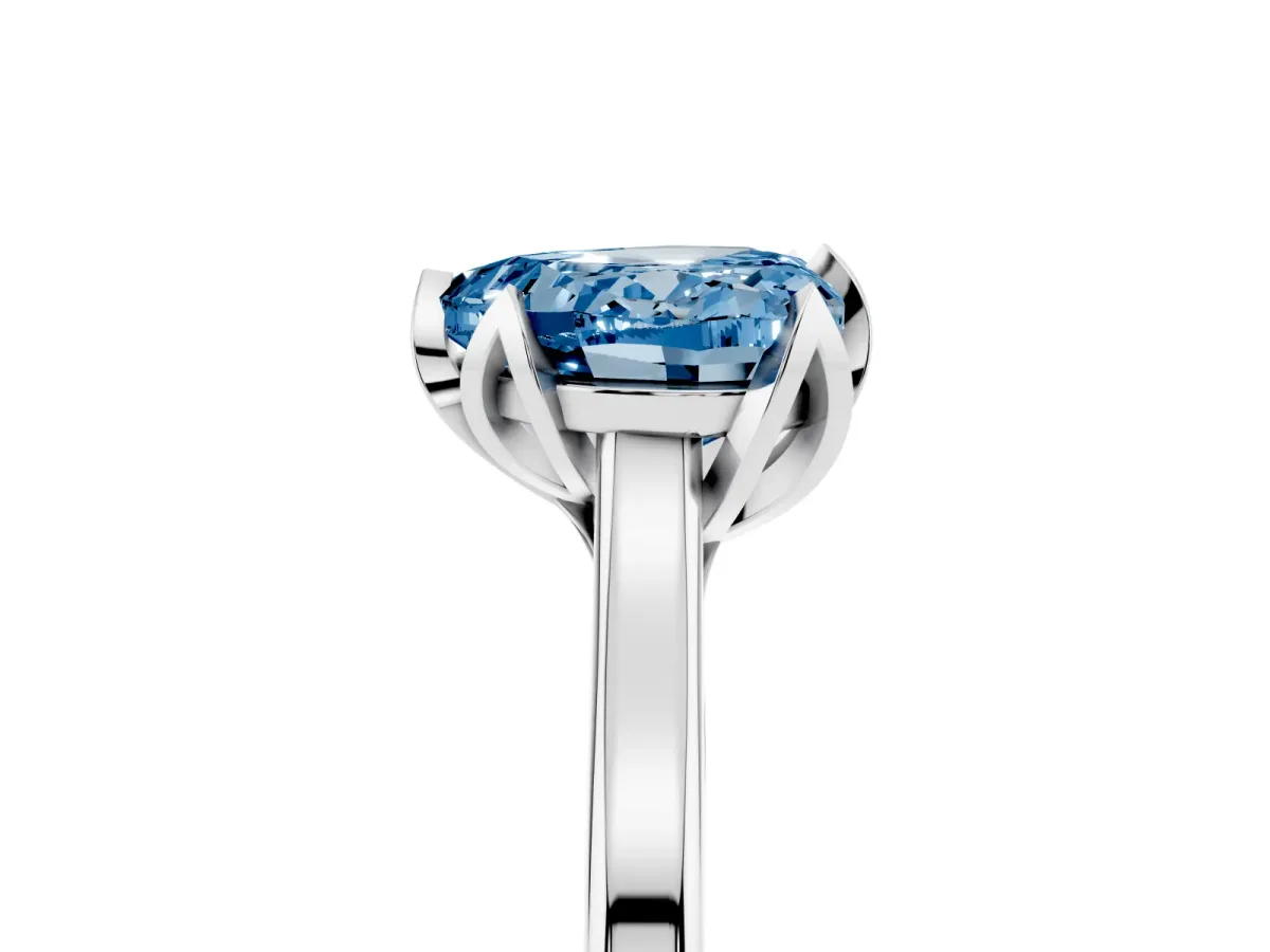 Fancy Blue Heart Cut Diamond Solitaire Ring with Flower Prong Setting and Classic Band Silver