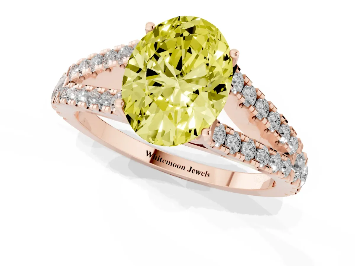 Fancy Yellow Oval Cut Diamond Split Shank Engagement Ring with Round Pavé and Prong Setting Rose gold