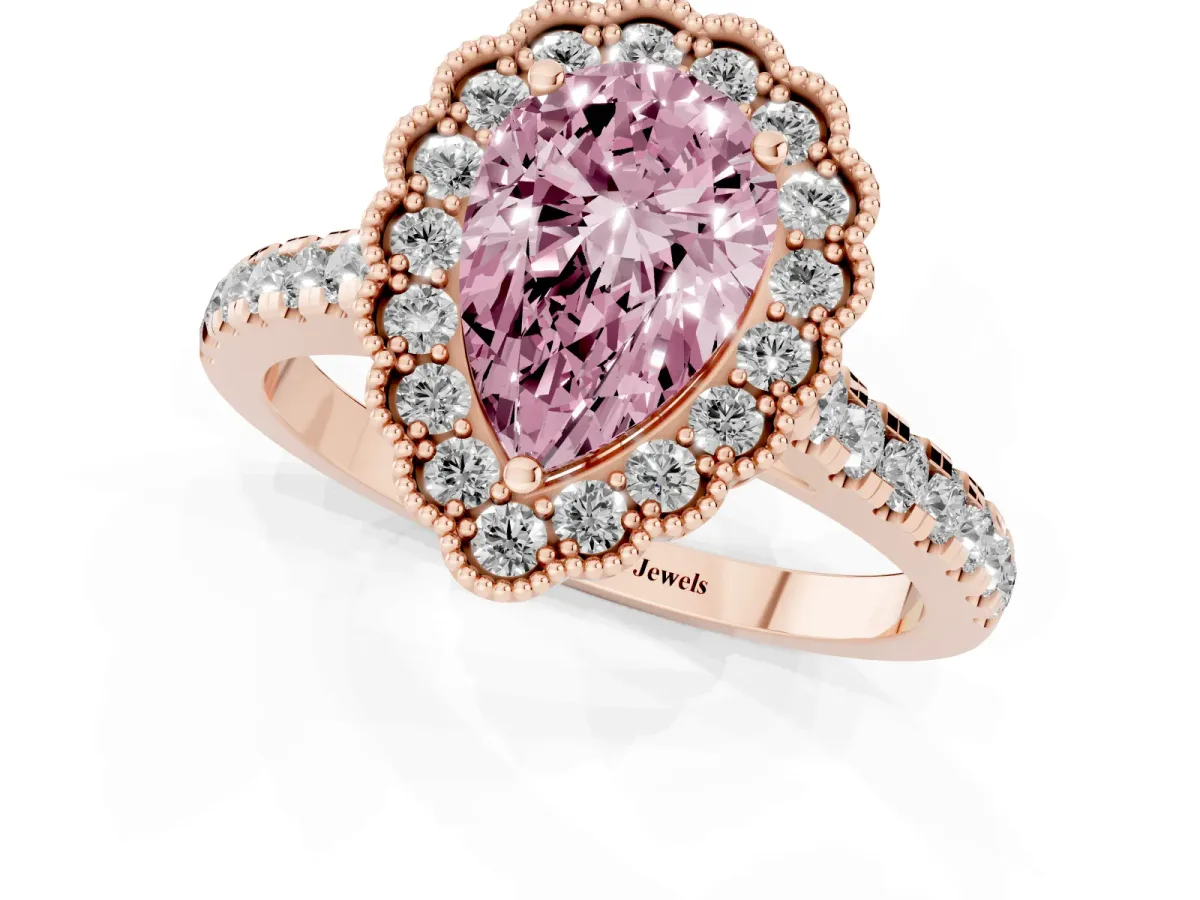 Fancy Pink Pear Cut Cut Diamond Milgrain Floral Halo Engagement Ring with Pavé Band Rose gold