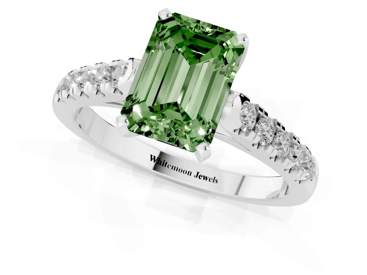 Fancy Green Emerald Cut Diamond Pavé Band Solitaire Ring with Prong Setting Platinum